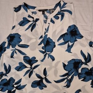 Floral Sleeveless Top - Blue and White